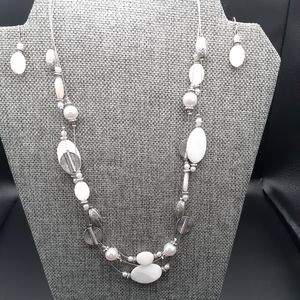 Silver / White Mixed Media Necklace & Earrings Set